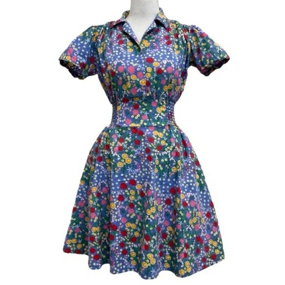 RARE Nooworks Leah Super Bloom Blue Cotton Floral Mini Swing Dress PLUS 2X US - Picture 1 of 6